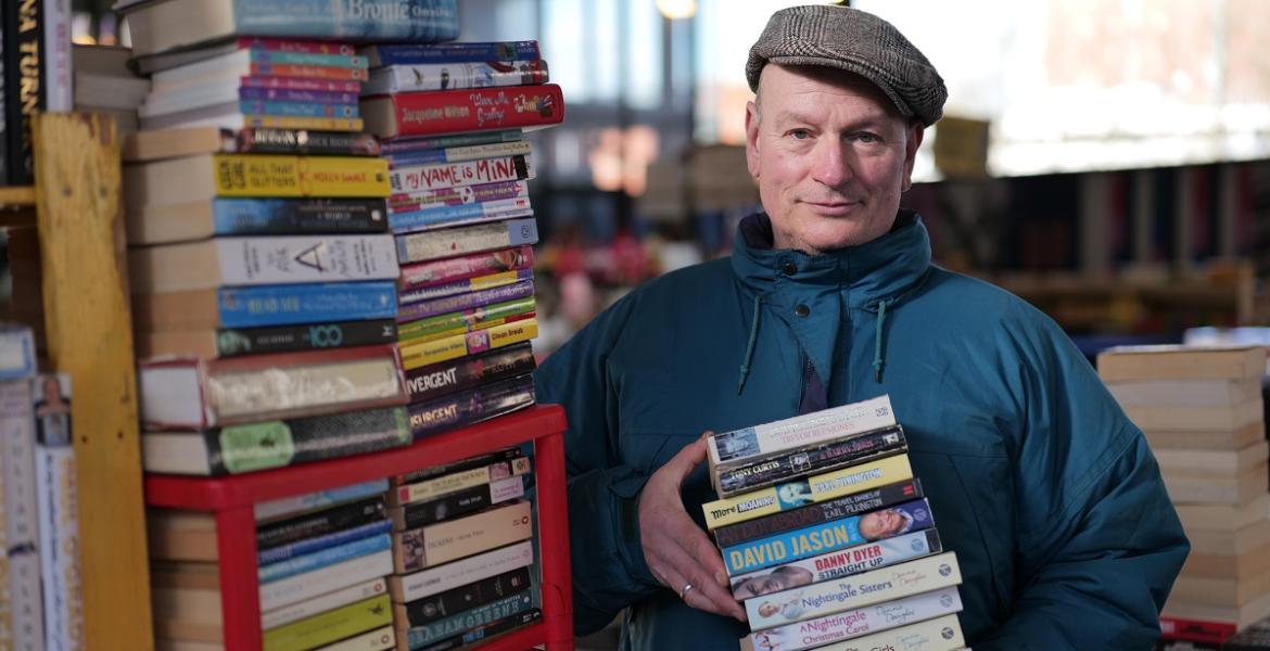 Pete Burns trader at his stall The Book Stops Here