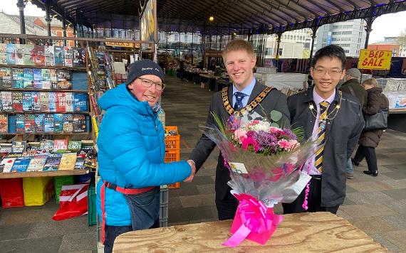 Derek being congratulated by the Mayor of Preston