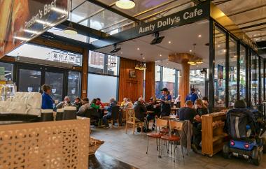 Customers enjoying food and drink at Aunt Dolly's Cafe