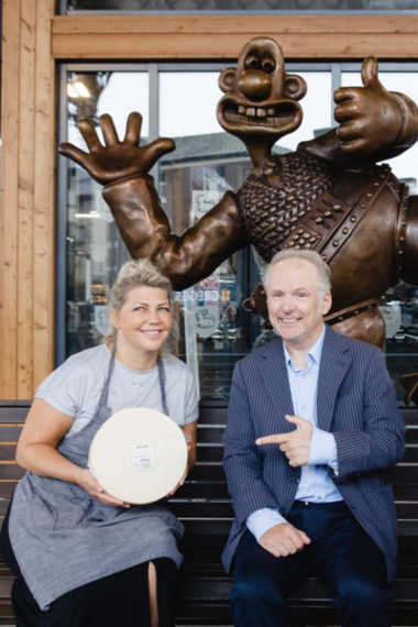 Nikki and Nick Park at the unveiling of the Wallace and Gromit statue bench